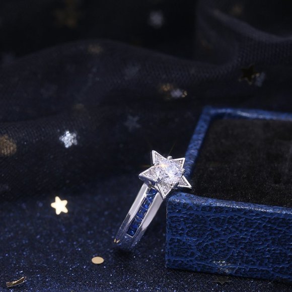 💕Elegant Blue Crystal Ring Lovely CZ Star Bague Ring, GPMB1500 - Picture 4 of 6